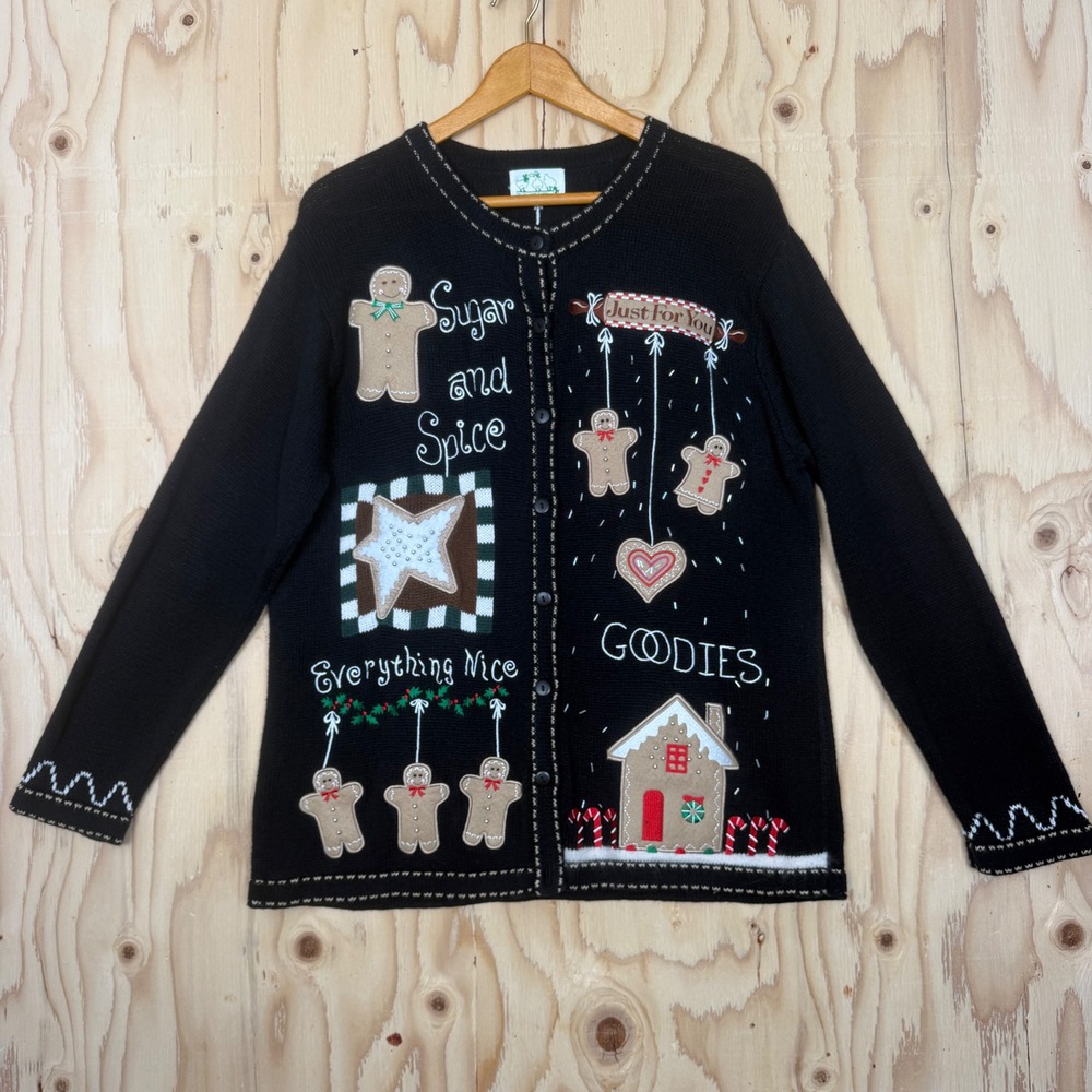 The Quacker Factory Cardigan Women Medium Black Excellent Gingerbread Holiday